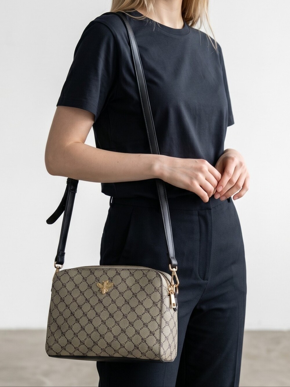 Bee Accent Beige Monogram Crossbody Bag with Black Strap